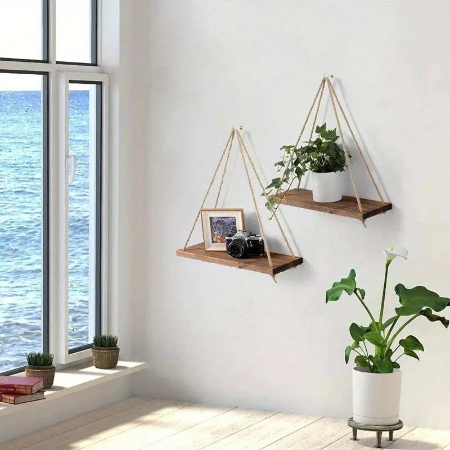 Wooden hanging shelf with natural hemp rope, wall mounted swing design - House of Avana