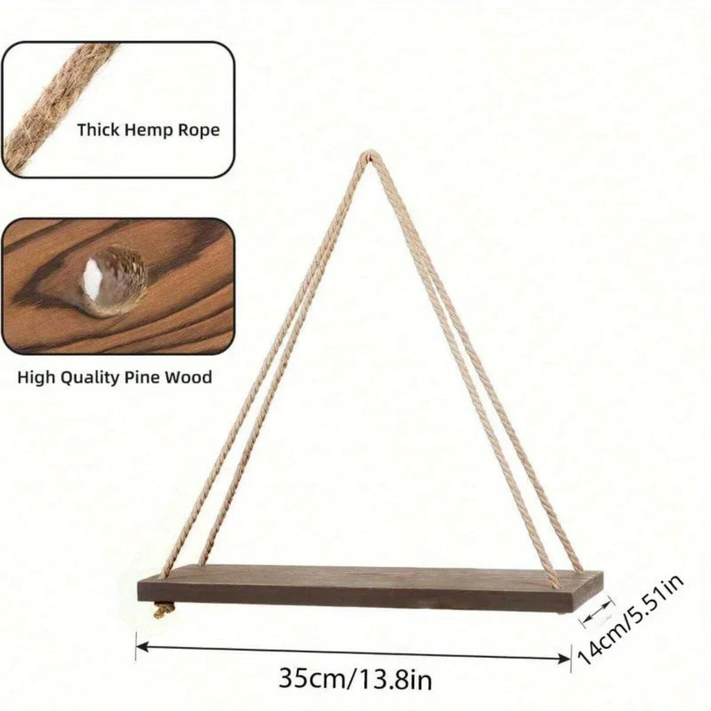 1pc Wooden Swing Hanging Hemp Rope Wall Shelve Mounted Floating Home Living Room Plant Flower Pot Tray Storage Garden Decoration House Of Avana