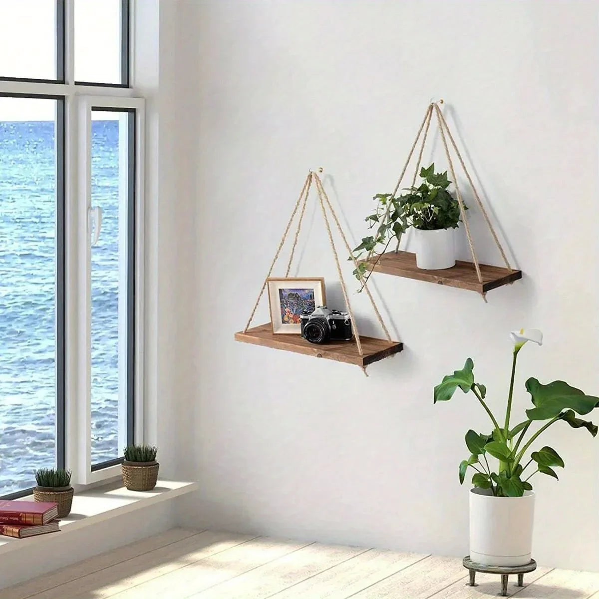 1pc Wooden Swing Hanging Hemp Rope Wall Shelve Mounted Floating Home Living Room Plant Flower Pot Tray Storage Garden Decoration House Of Avana