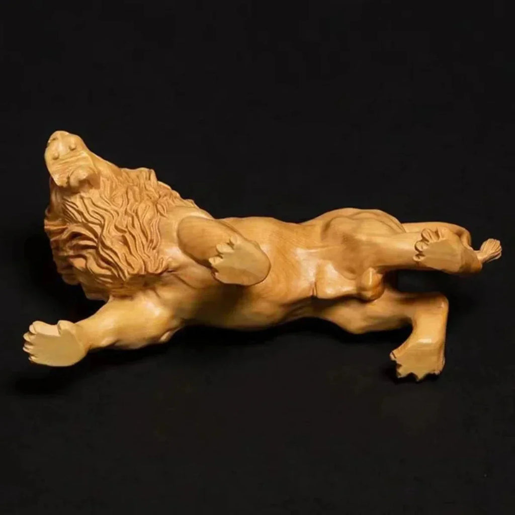Brown wooden lion sculpture, hand-carved with intricate details - House of Avana