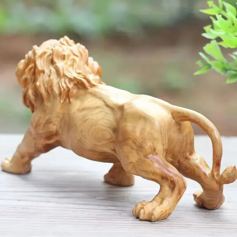 Brown wooden lion sculpture, hand-carved with intricate details - House of Avana