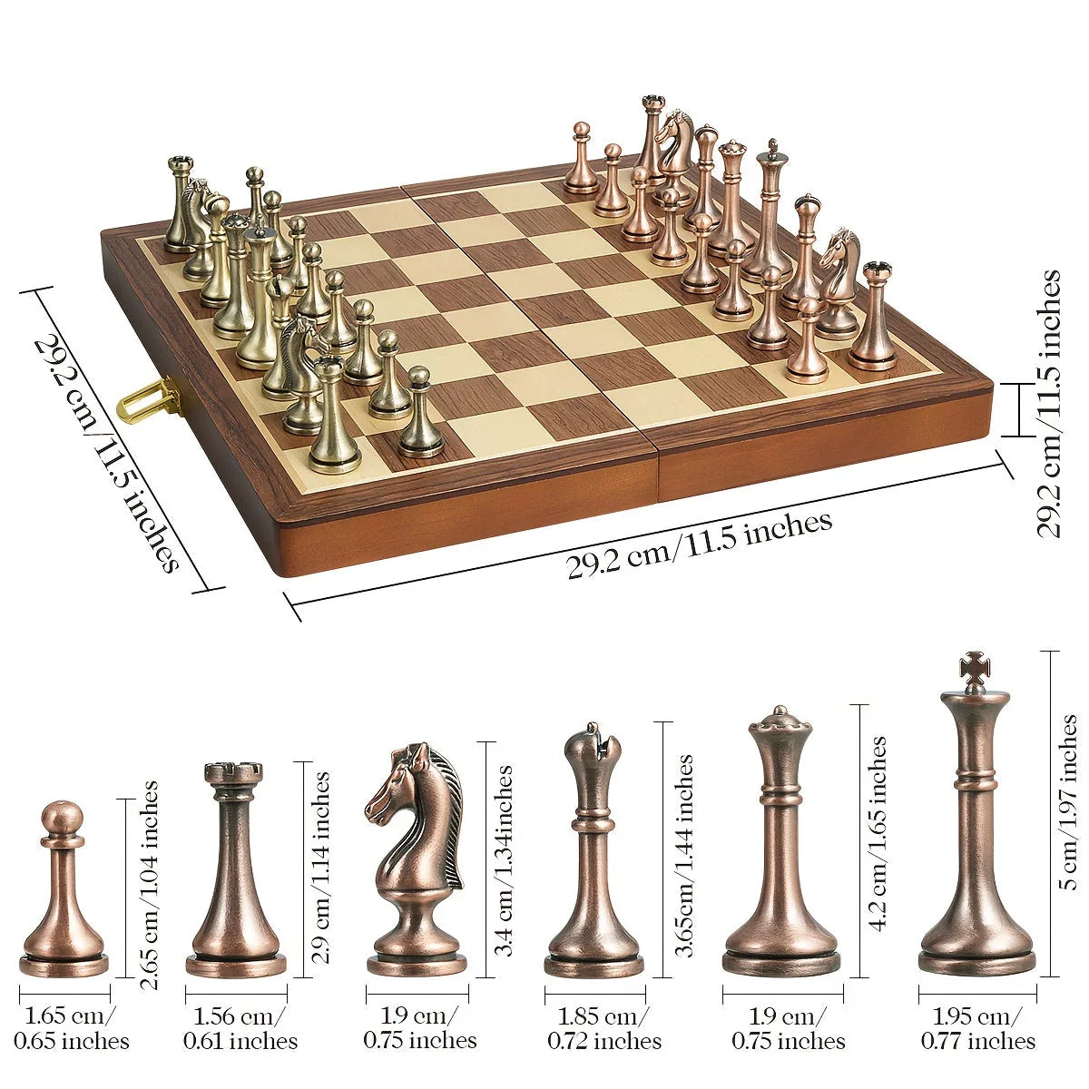 11.5 Inch Wooden Chess Set for Adults with Vintage Metal Pieces & Extra Queens, Travel Portable Folding... - House Of Avana