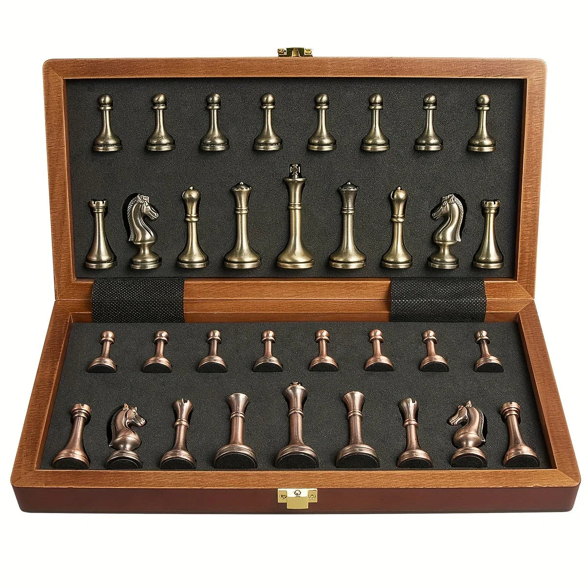 11.5 Inch Wooden Chess Set for Adults with Vintage Metal Pieces & Extra Queens, Travel Portable Folding... - House Of Avana