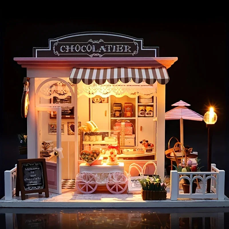 Wooden Mini Coffee Shop Model House, Handmade Doll House Kit, Furniture, Artistic Home Decoration, Educating Patience Skills, Fiberboard Structure, Perfect Valentine'S Day And Birthday Gifts House Of Avana [[SKU:HOA-XMS-043]]