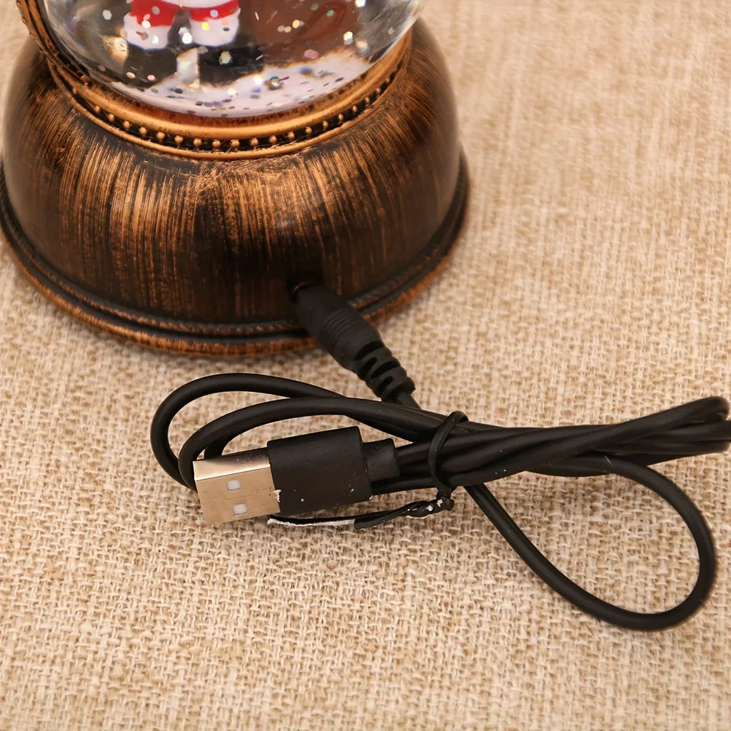 1pc Vintage-Style USB-Powered Glowing Snowfall & Music Box with Rotating Dome Lid - Self-Lit Resin/PC Ornament, Water-Filled Centerpiece with Twinkling Lights, Battery-Free Operation (USB Plug-in) - Christmas Tree & Home Deco House Of Avana [[SKU:HOA-STO-410]]