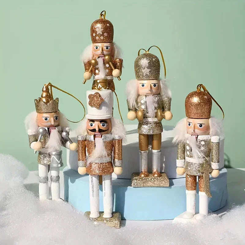 5pcs Rustic Nutcracker Ornaments Set, Golden Glitter Wooden Soldiers, Classic Christmas Tree Hanging Decor, Festive Holiday Accents, No Feather, No Power Needed House Of Avana