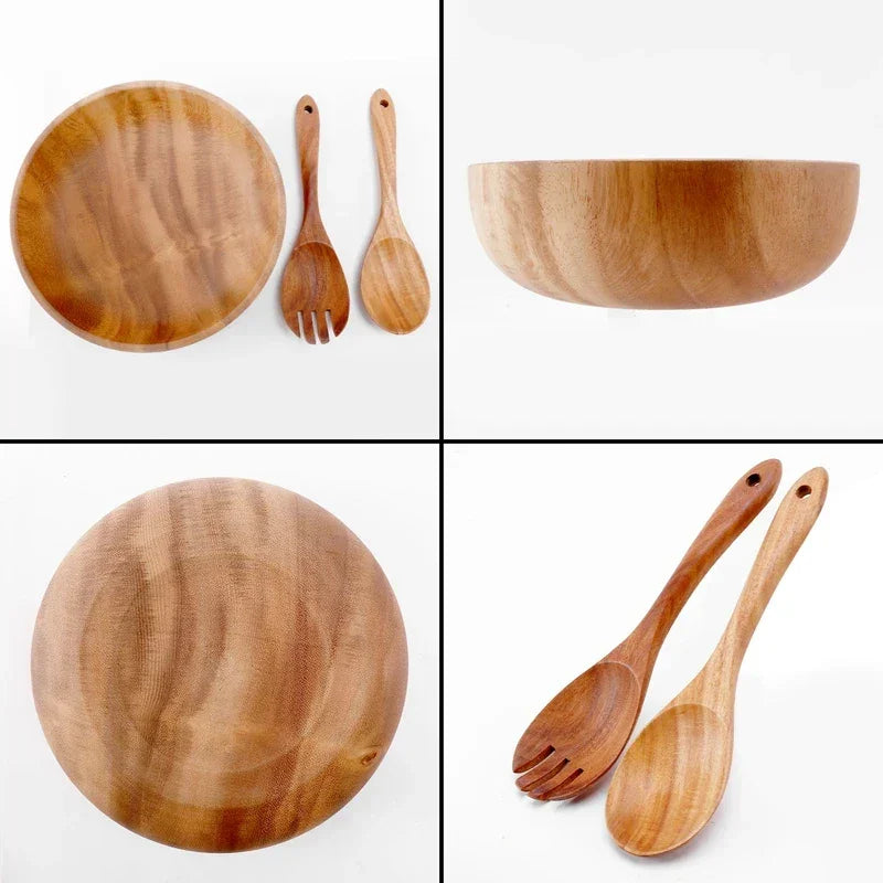 Wooden Salad Bowl-Large 9.4 Inch Acacia Wood Salad Wooden Bowl With Spoon, Can Be Used For Fruit, Salad - House Of Avana