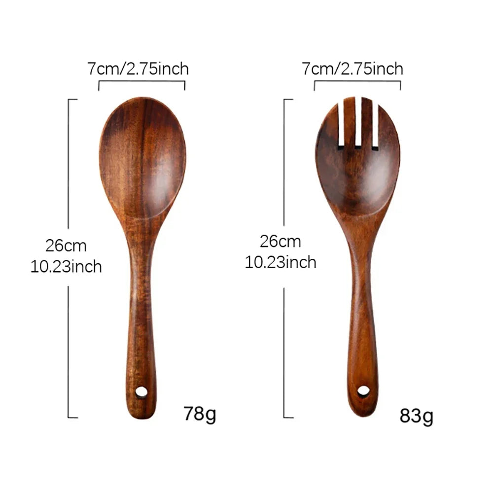 Wooden Serving Utensil Set Japanese Style Long Handle Spoon Fork, top view - House Of Avana