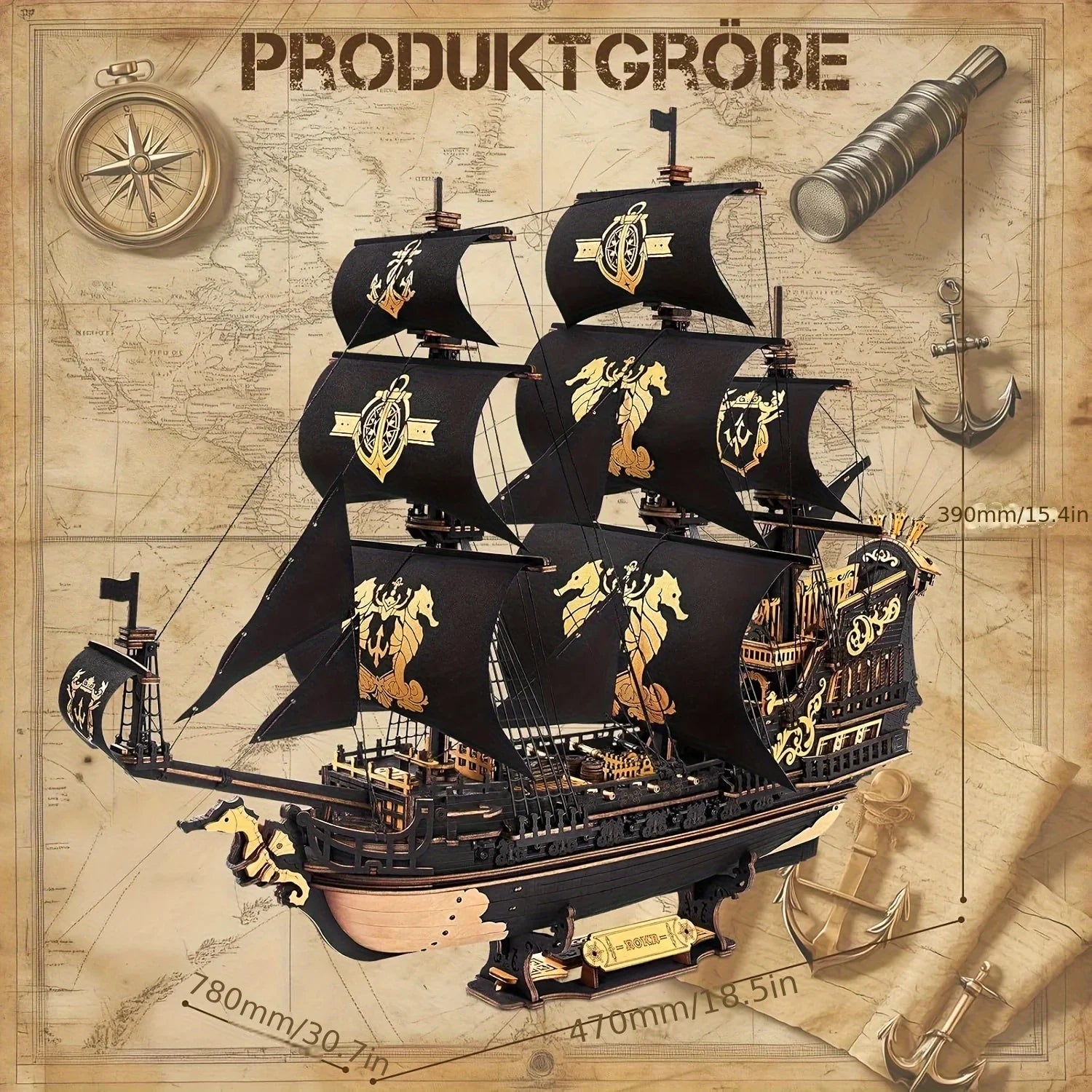 ROKR 3D Wooden Ship Model Kit - Intricate Seahorse Barque Design, Detailed Sailing Ship for Adults & Model Enthusiasts, Home Desk Decoration Gift, Wooden Construction, Nautical Decor, Detailed Craftsmanship House Of Avana