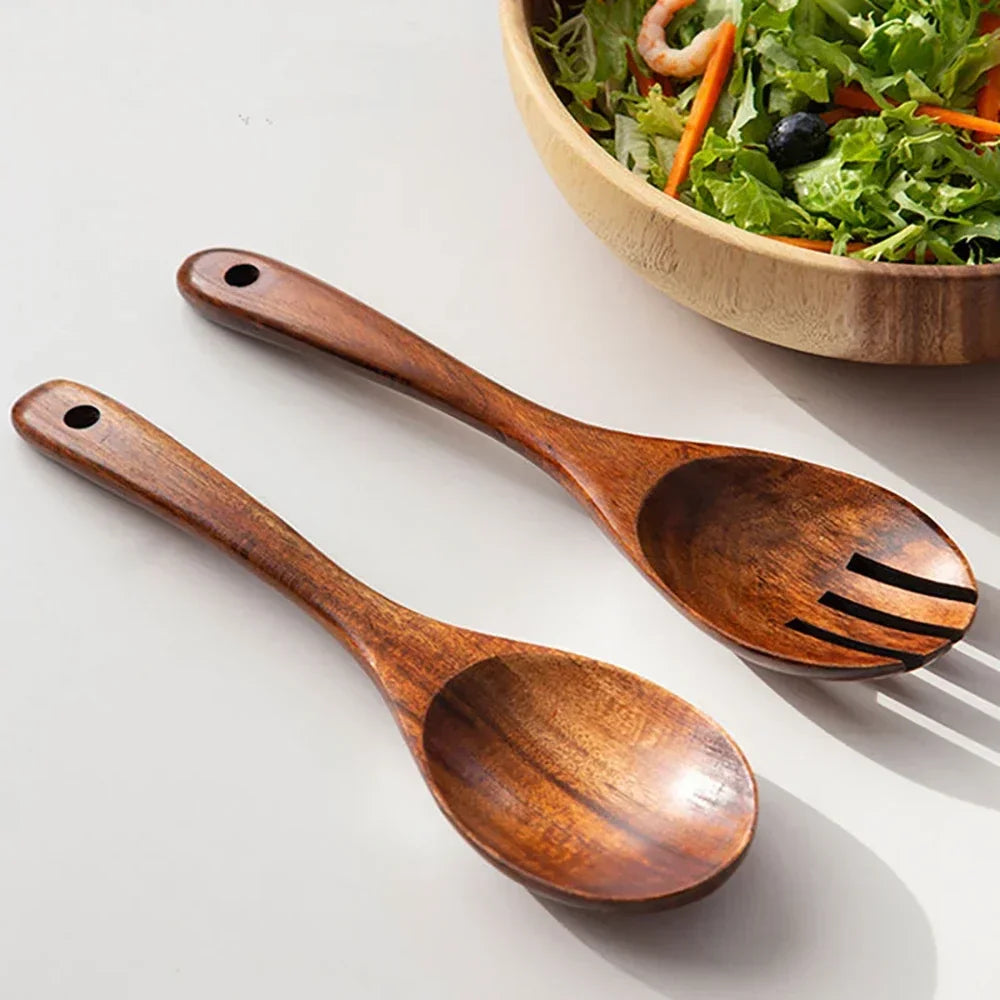 Wooden spoon and fork set, natural wood Japanese style long handles - House of Avana