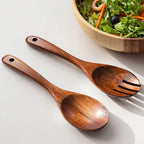 Wooden spoon and fork set, natural wood Japanese style long handles - House of Avana