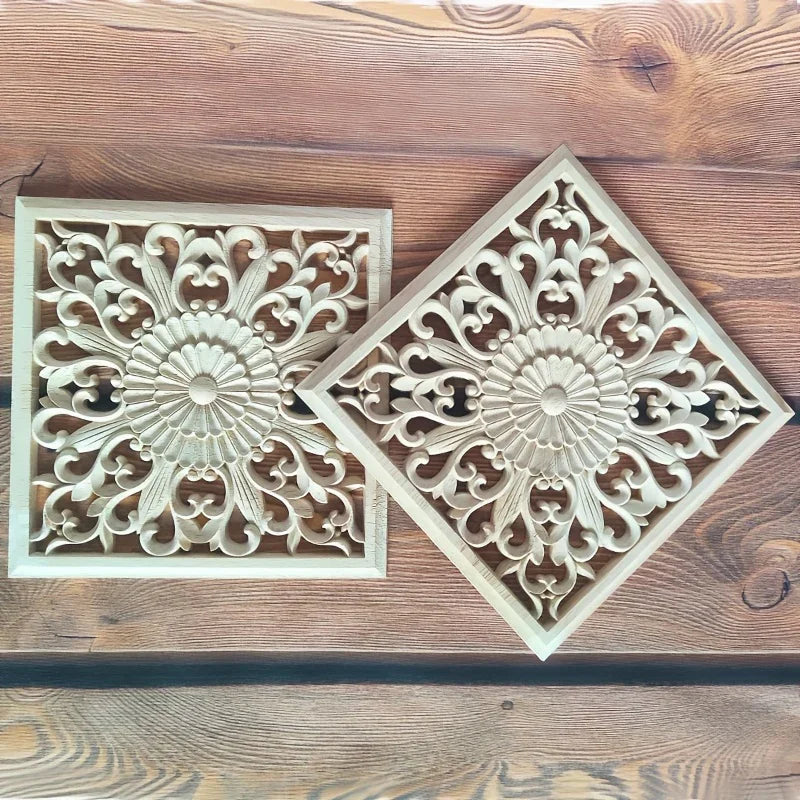 Wooden Square Applique 20cm Unpainted Home Decor Cornice, angled view - House Of Avana [[SKU:HOA-WAL-047]]