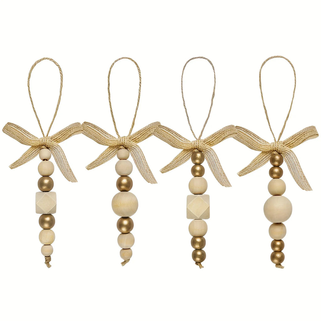 24pcs Bohemian Style Wooden Bead Christmas Tree Ornaments, Natural Wood Beads with Golden Beads and Bows - Farmhouse Style Hanging Decor for Wreaths, Holiday Trees, Floral Arrangements, Wedding Decor Accessories, Vintage Char House Of Avana