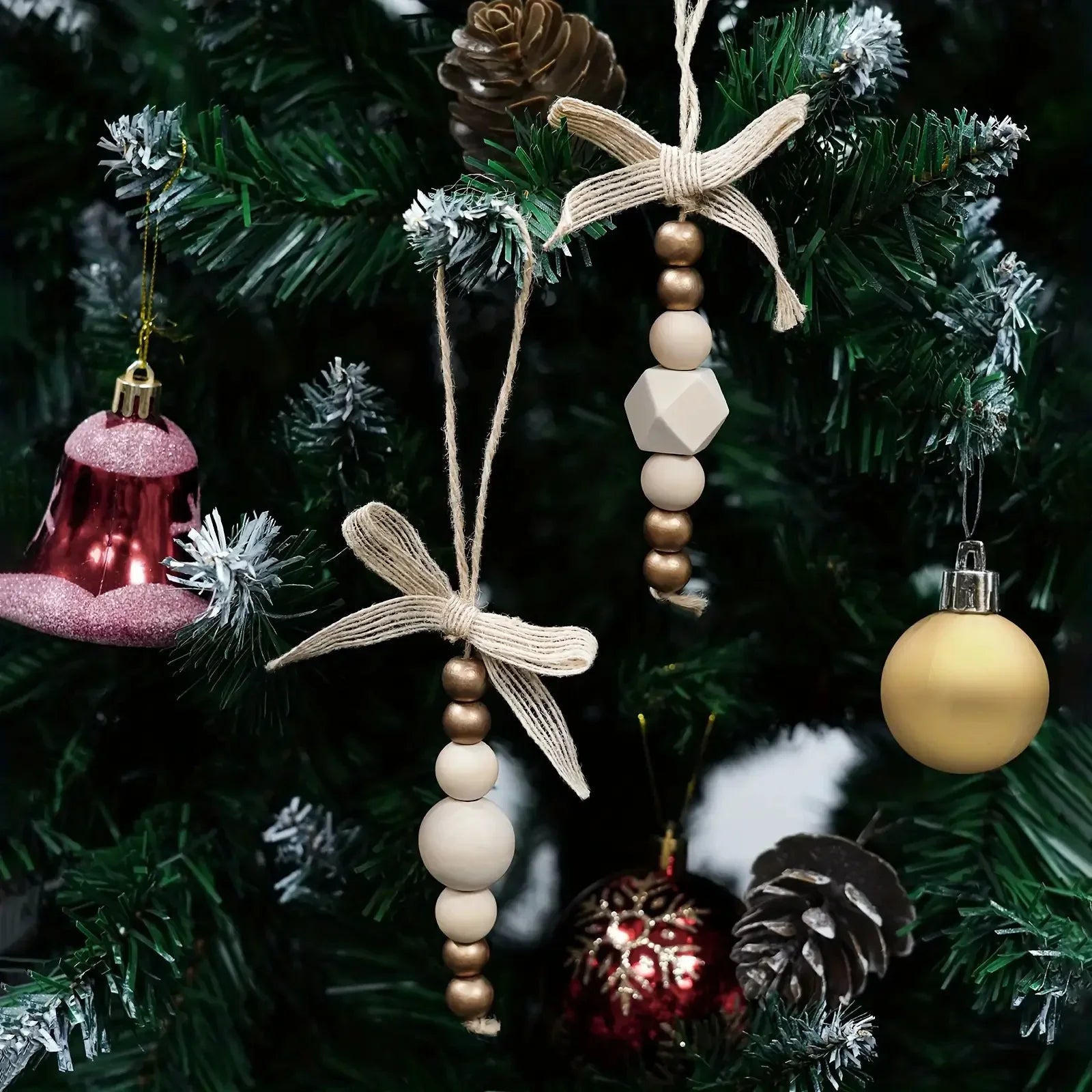 24pcs Bohemian Style Wooden Bead Christmas Tree Ornaments, Natural Wood Beads with Golden Beads and Bows - Farmhouse Style Hanging Decor for Wreaths, Holiday Trees, Floral Arrangements, Wedding Decor Accessories, Vintage Char House Of Avana