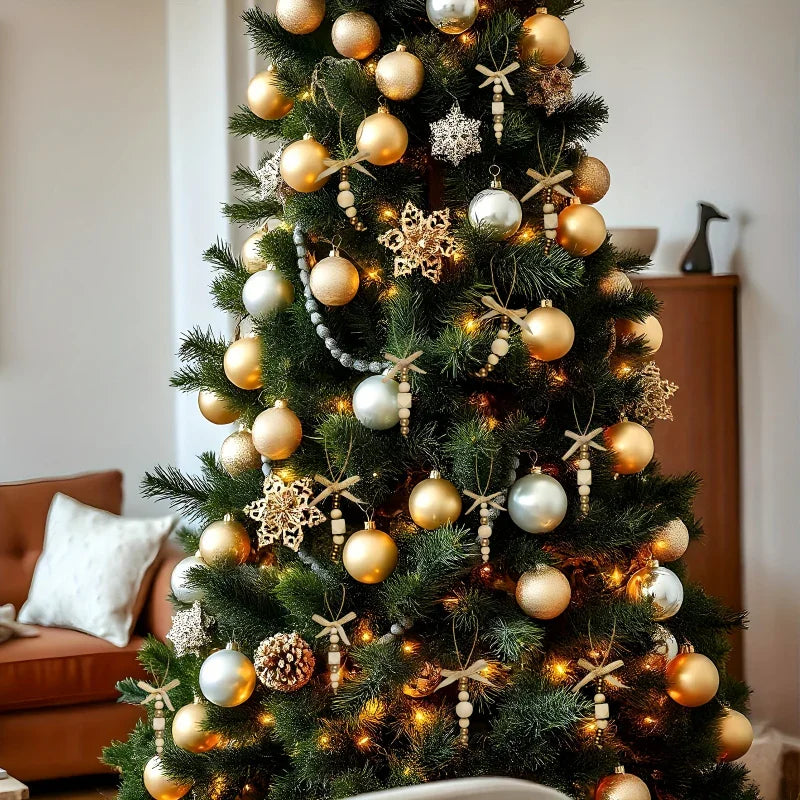 24pcs Bohemian Style Wooden Bead Christmas Tree Ornaments, Natural Wood Beads with Golden Beads and Bows - Farmhouse Style Hanging Decor for Wreaths, Holiday Trees, Floral Arrangements, Wedding Decor Accessories, Vintage Char House Of Avana