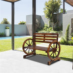Rustic 2-Person Wooden Wagon Wheel Bench with Slatted Seat and Backrest, Brown House Of Avana