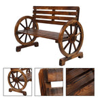 Rustic 2-Person Wooden Wagon Wheel Bench with Slatted Seat and Backrest, Brown House Of Avana