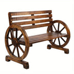 Rustic 2-Person Wooden Wagon Wheel Bench with Slatted Seat and Backrest, Brown House Of Avana