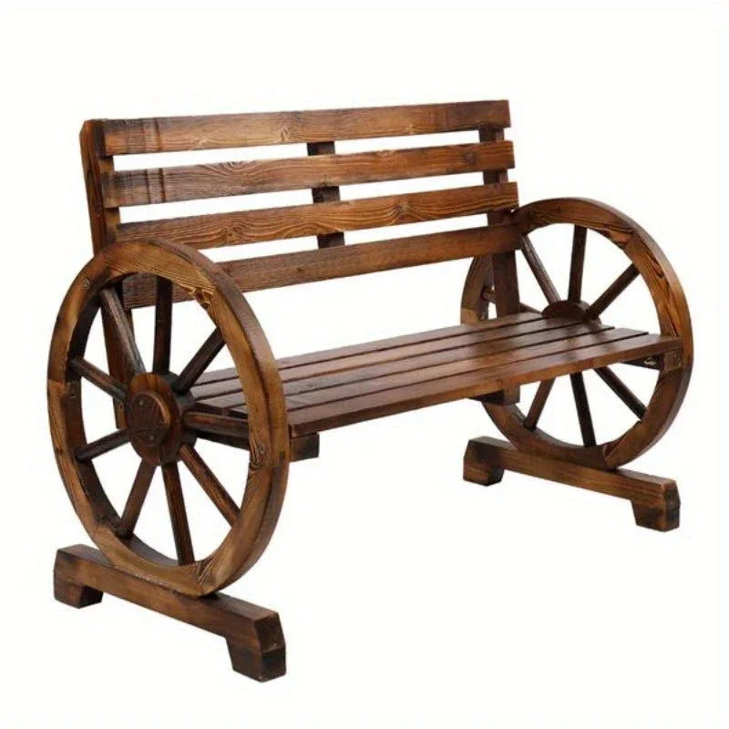 Rustic 2-Person Wooden Wagon Wheel Bench with Slatted Seat and Backrest, Brown House Of Avana