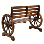 Rustic 2-Person Wooden Wagon Wheel Bench with Slatted Seat and Backrest, Brown House Of Avana