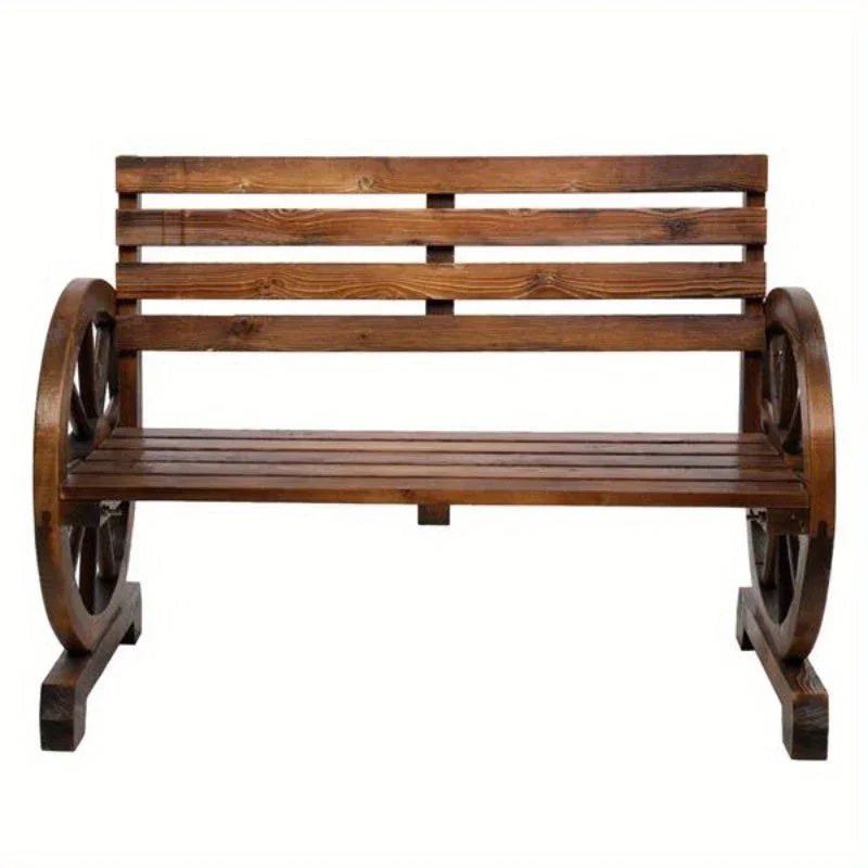 Rustic 2-Person Wooden Wagon Wheel Bench with Slatted Seat and Backrest, Brown House Of Avana