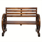 Rustic 2-Person Wooden Wagon Wheel Bench with Slatted Seat and Backrest, Brown House Of Avana