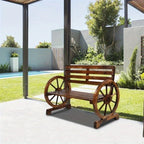 Rustic 2-Person Wooden Wagon Wheel Bench with Slatted Seat and Backrest, Brown House Of Avana