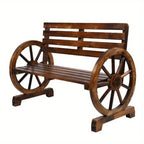 Rustic 2-Person Wooden Wagon Wheel Bench with Slatted Seat and Backrest, Brown House Of Avana