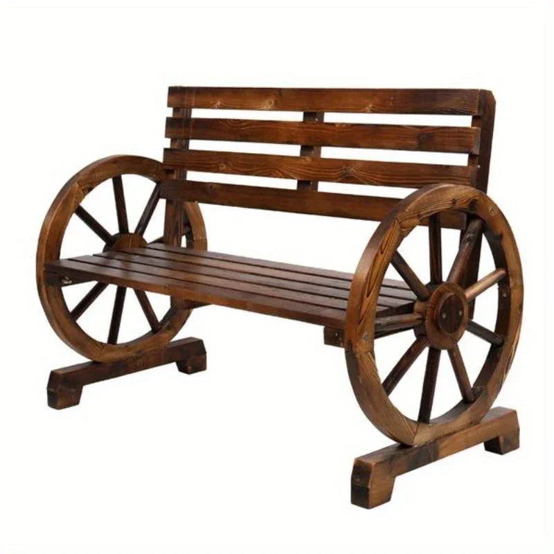 Rustic 2-Person Wooden Wagon Wheel Bench with Slatted Seat and Backrest, Brown House Of Avana