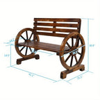 Rustic 2-Person Wooden Wagon Wheel Bench with Slatted Seat and Backrest, Brown House Of Avana