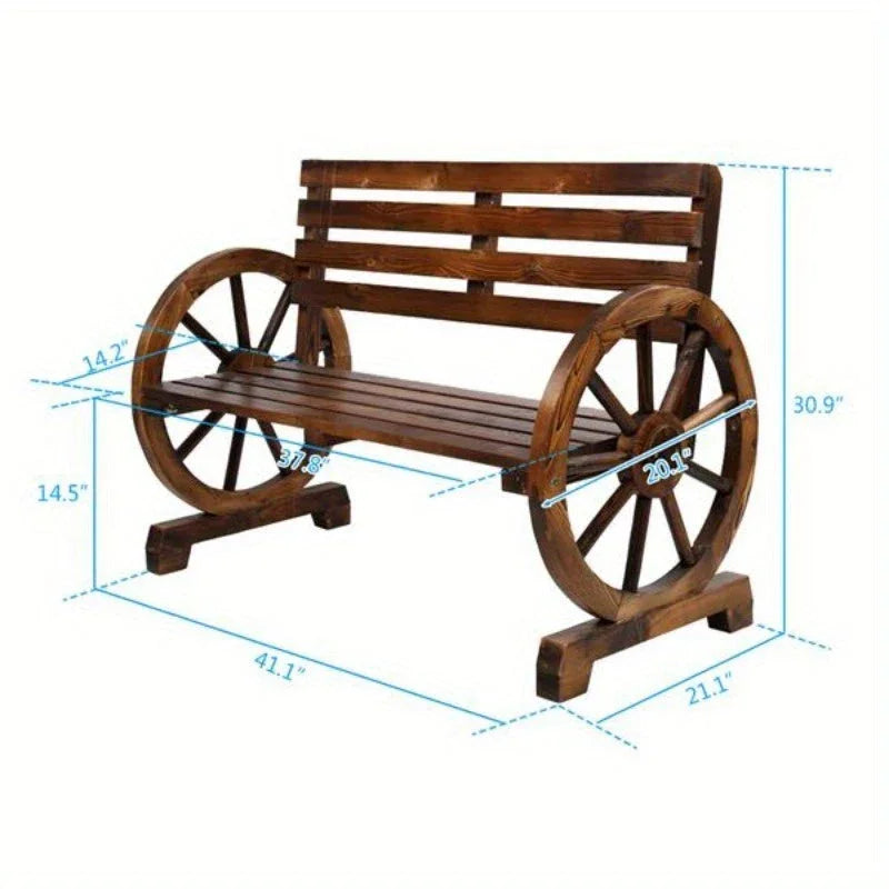 Rustic 2-Person Wooden Wagon Wheel Bench with Slatted Seat and Backrest, Brown House Of Avana