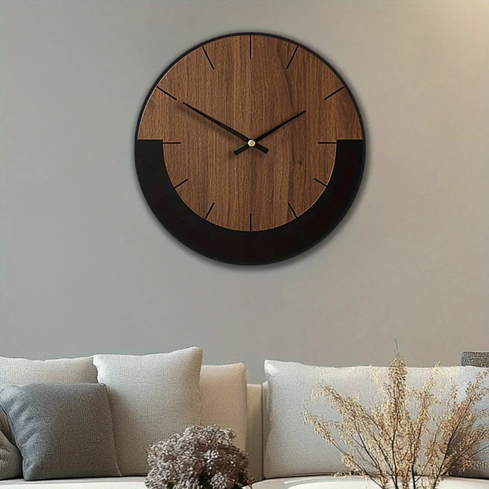 Natural wood wall clock with silent mechanism, earthy brown finish - House of Avana