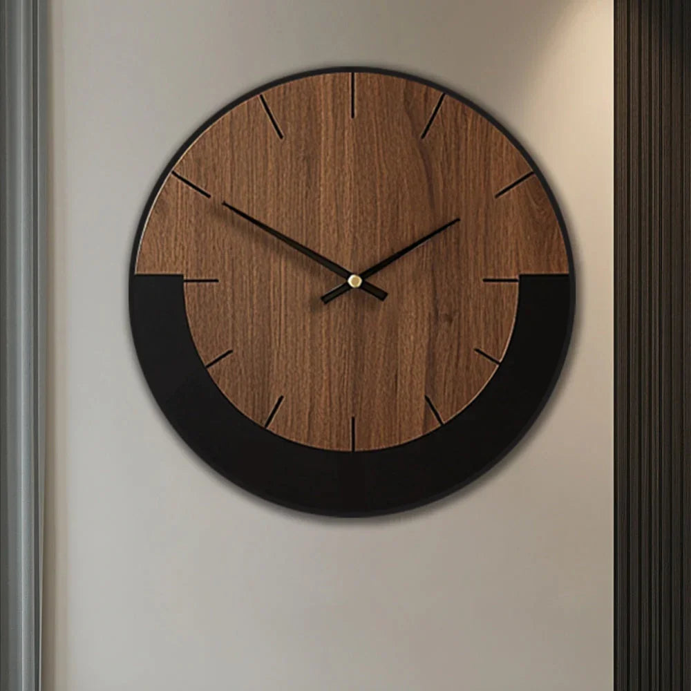 Natural wood wall clock with silent mechanism, earthy brown finish - House of Avana