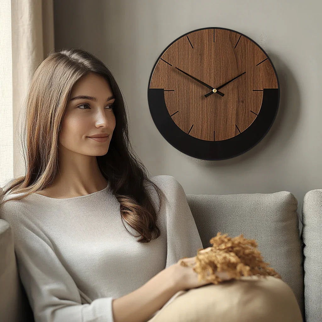 Natural wood wall clock with silent mechanism, earthy brown finish - House of Avana