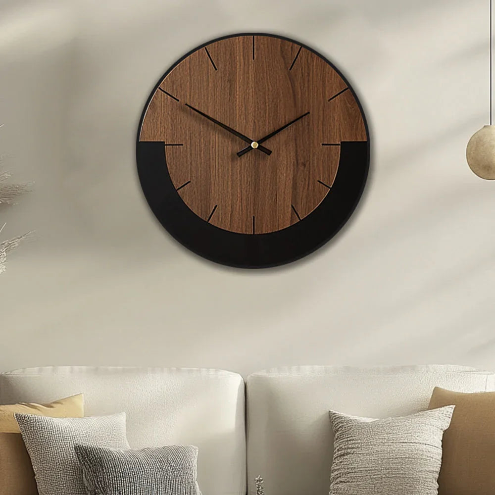 Natural wood wall clock with silent mechanism, earthy brown finish - House of Avana