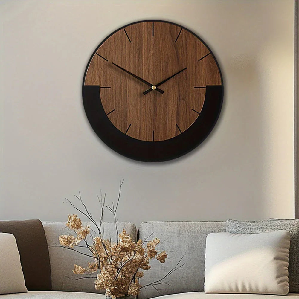 Natural wood wall clock with silent mechanism, earthy brown finish - House of Avana