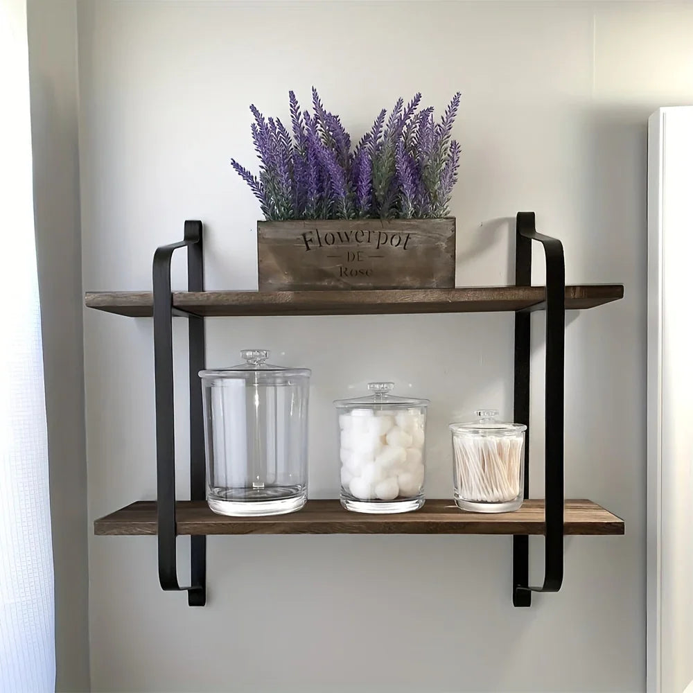 Classic Wooden Shelves - Dual Layer Wall Mounted, angled view - House Of Avana