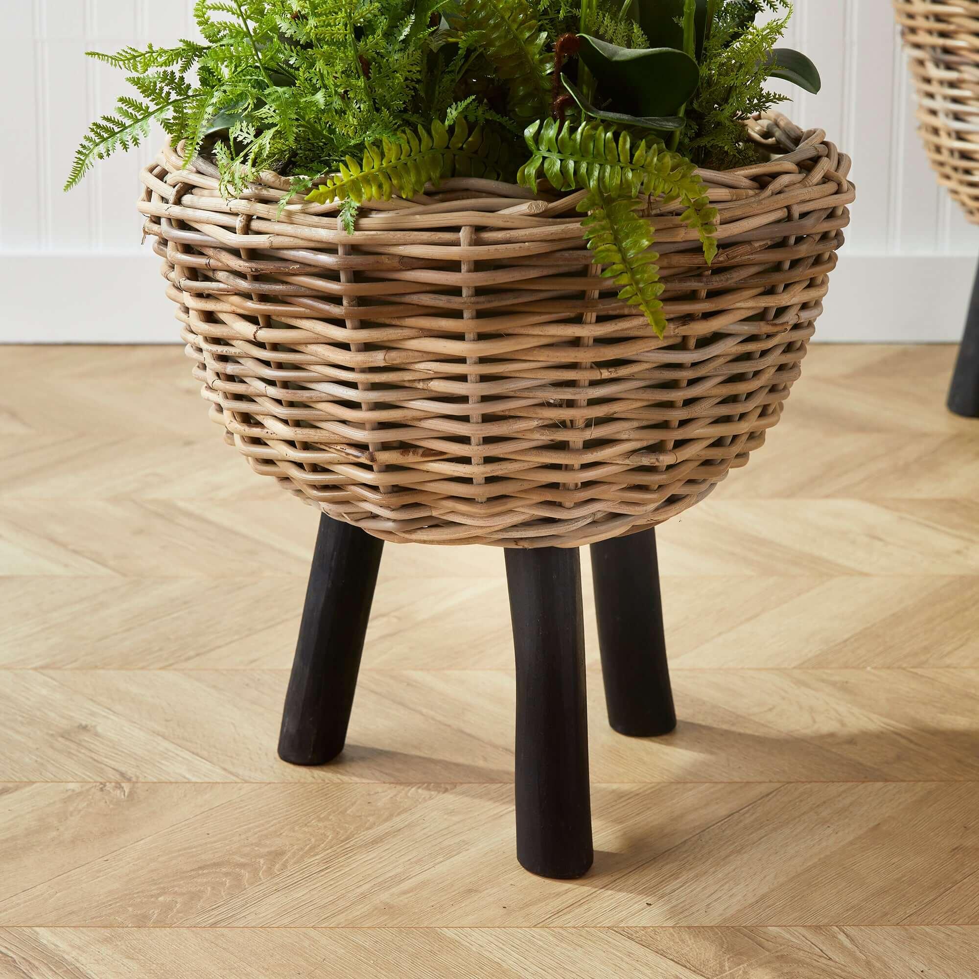 Woven Rattan Planter with Plastic Pot and Wood Legs Vintage Shopper