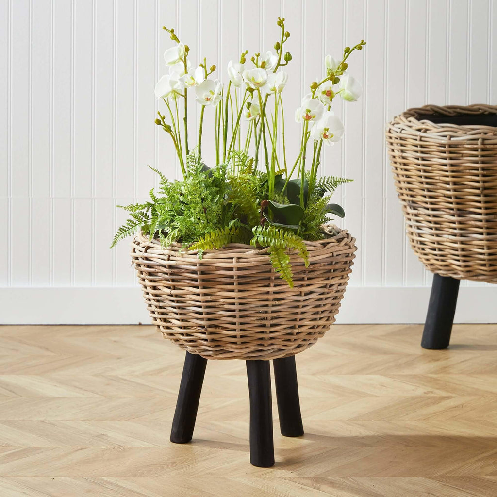 Woven Rattan Planter with Plastic Pot and Wood Legs Vintage Shopper