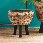 Woven Rattan Planter with Plastic Pot and Wood Legs Vintage Shopper
