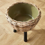 Woven Rattan Planter with Plastic Pot and Wood Legs Vintage Shopper