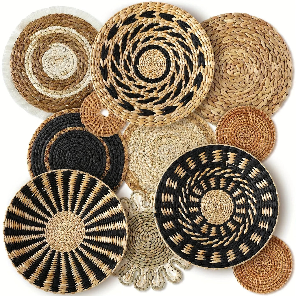 Woven Wicker Hanging Wall Basket Set of Round Boho Farmhouse Decor, front view - House Of Avana
