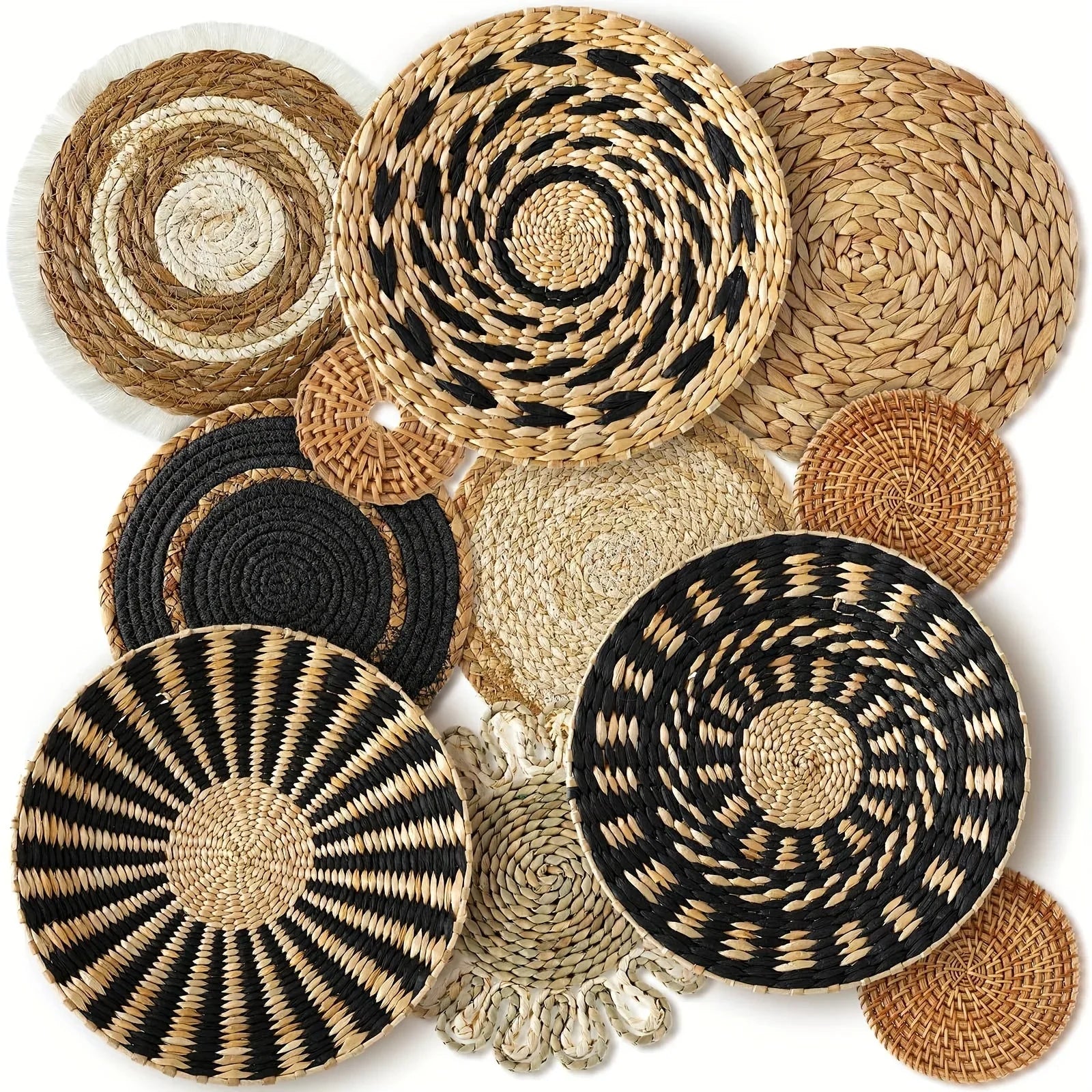 Woven Wicker Hanging Wall Basket Set of Round Boho Farmhouse Decor, front view - House Of Avana