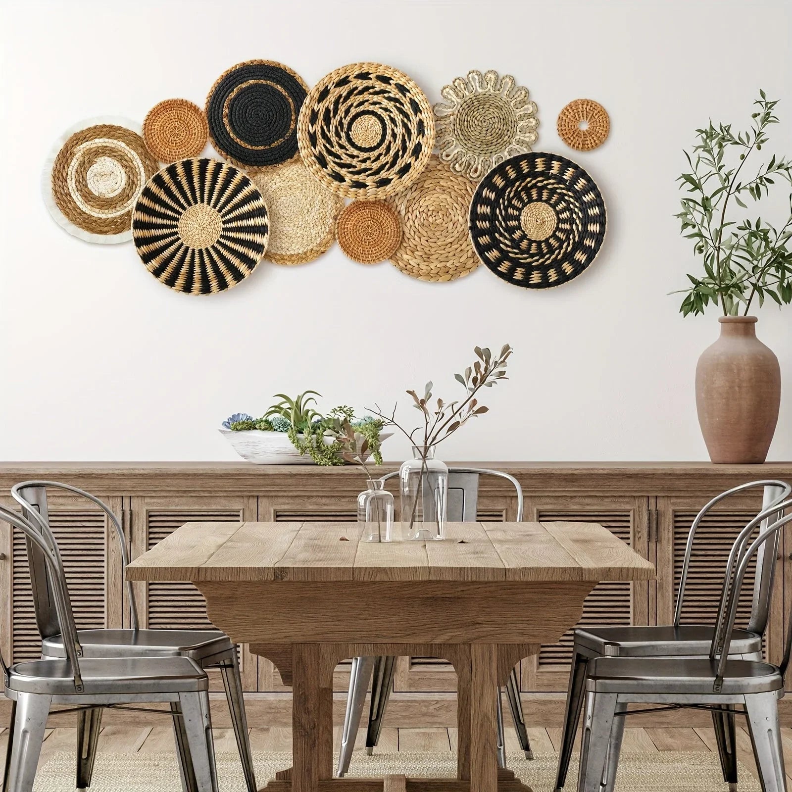 Woven Wicker Hanging Wall Basket Set of Round Boho Farmhouse Decor, back view - House Of Avana
