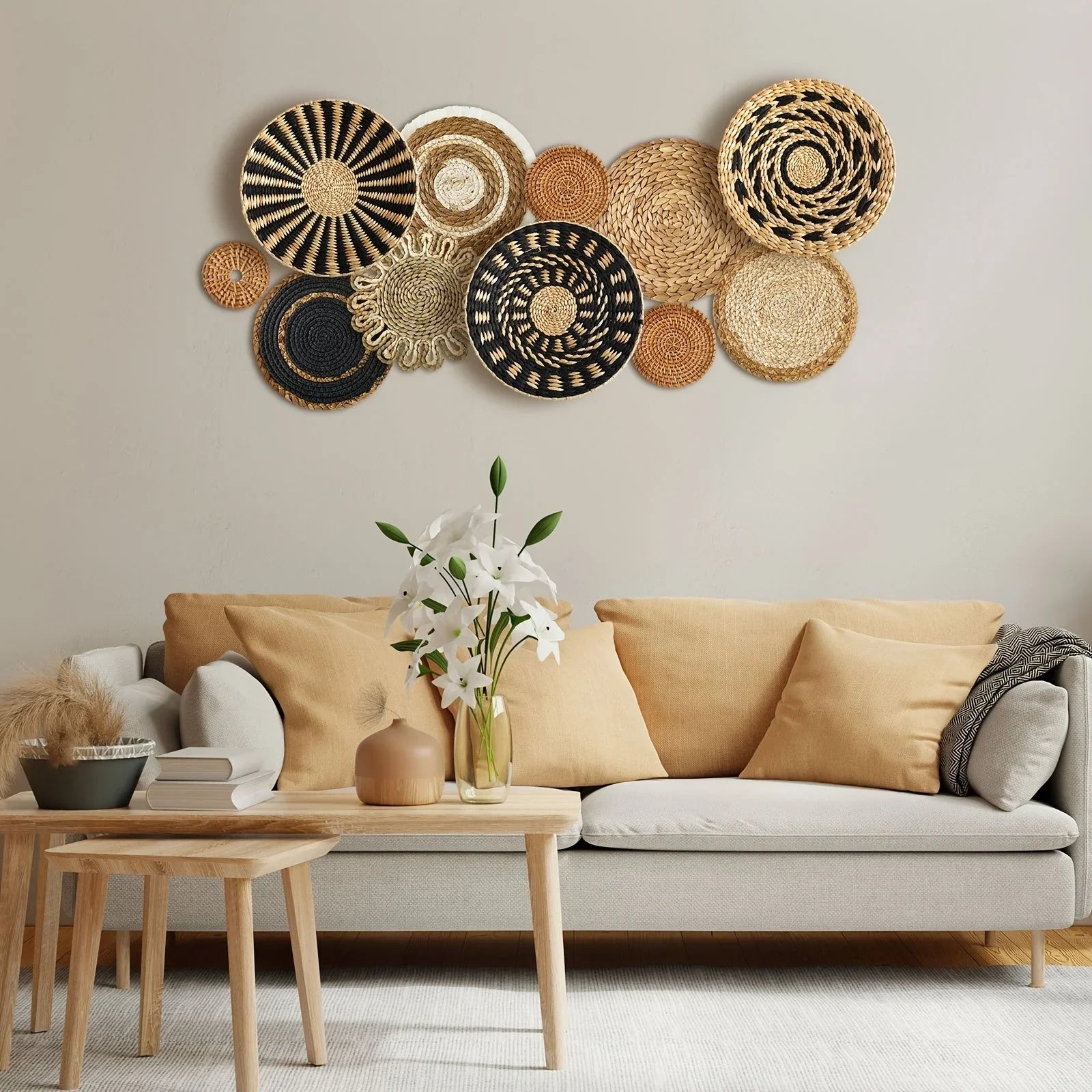 Woven Wicker Hanging Wall Basket Set of Round Boho Farmhouse Decor, detail shot - House Of Avana