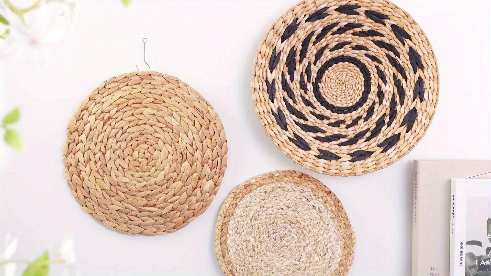 Woven Wicker Hanging Wall Basket Set of Round Boho Farmhouse Decor, angled view - House Of Avana