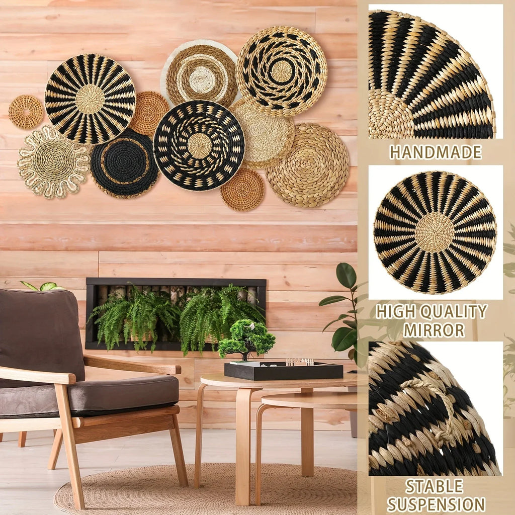 Woven Wicker Hanging Wall Basket Set of Round Boho Farmhouse Decor, angled view - House Of Avana