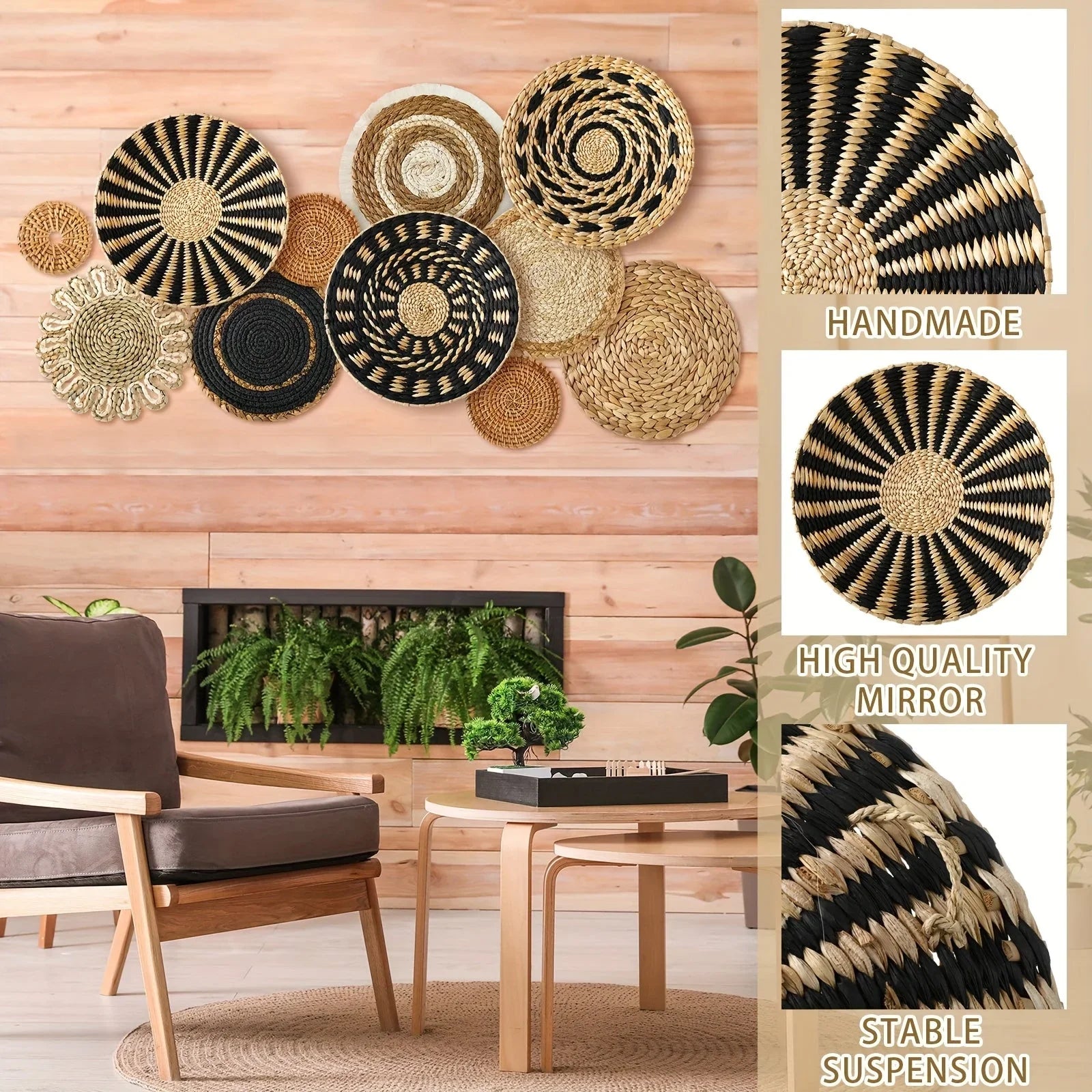 Woven Wicker Hanging Wall Basket Set of Round Boho Farmhouse Decor, angled view - House Of Avana