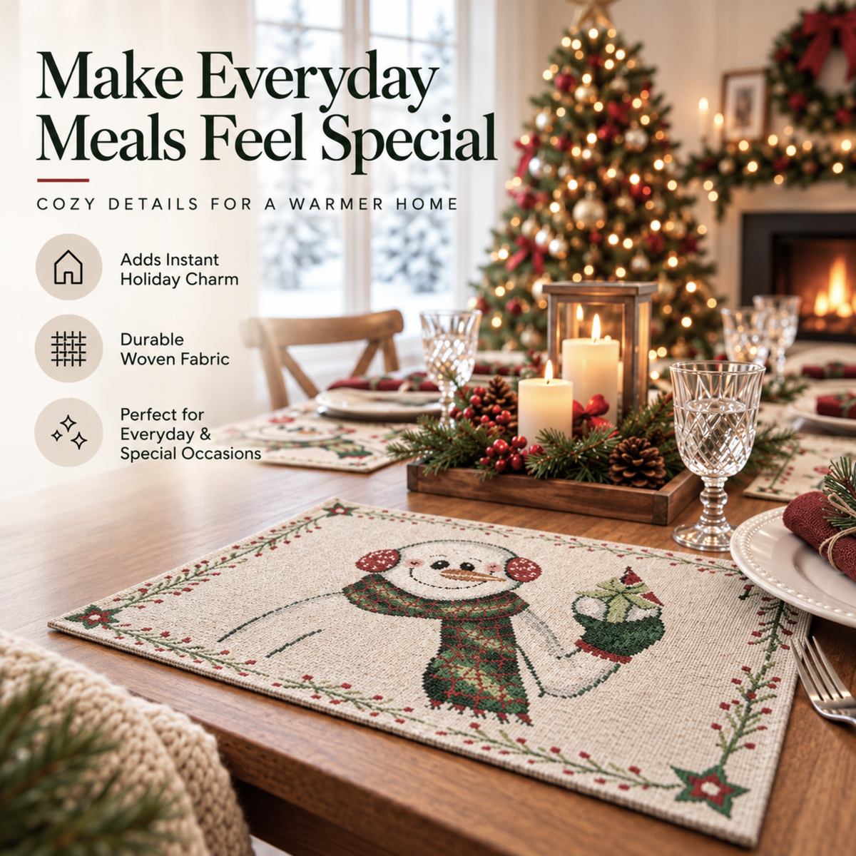 DaDa Bedding Set of 4-Pieces Magical Snowman Holiday Tapestry Placemats 13” x 19” (9733)
