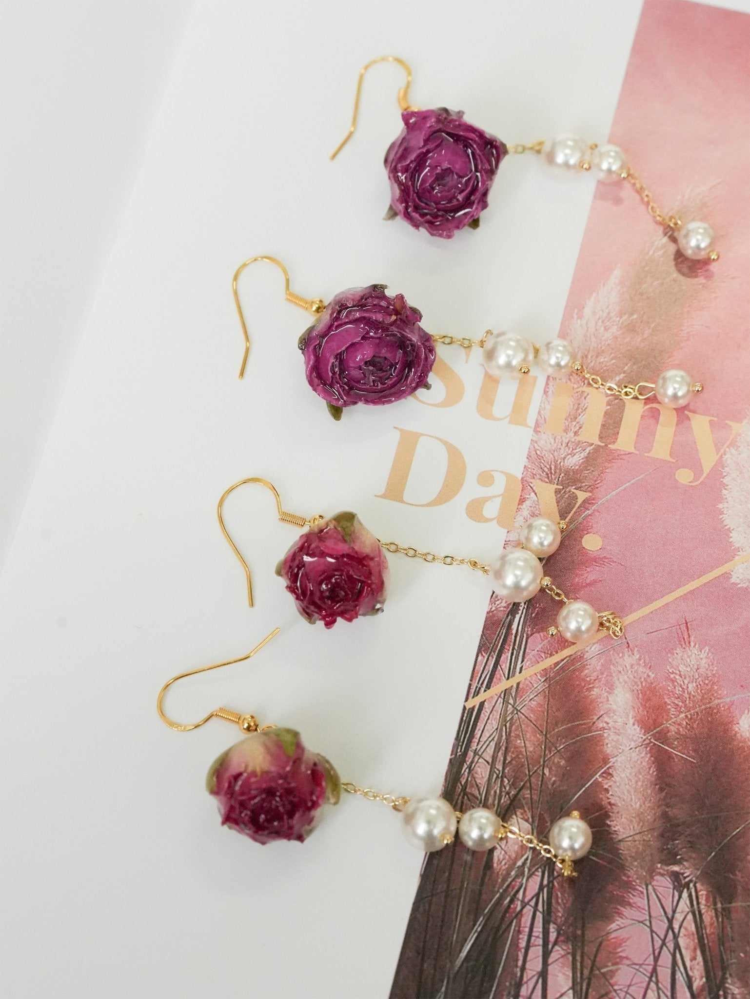 Real Rose Pearl Chain Earrings